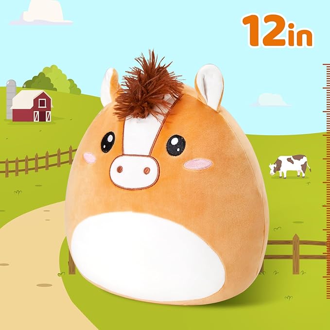 Athionsu 12 Inch Horse Plush Pillow Soft & Cuddly Stuffed Horse Soft Squishy Birthday for Toddler Kids Boys and Girls