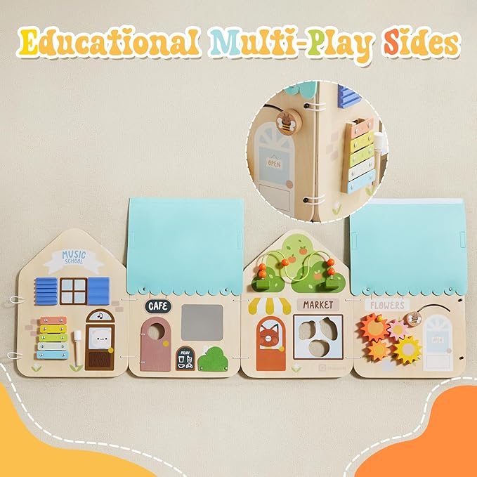 2 in 1 Montessori Wooden Busy Board House, Multi-Functional Foldable Busy Board, Fine Motor Skills Training for Little Kids Aged 1-3, Gifts for Boys and Girls
