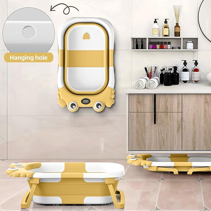 Collapsible Baby Bathtub for Newborns to Toddler with Real-time Temp Monitor & Floating Cushion,Portable Travel Tub Foldable Baby Bath Tub for Infants (Yellow)