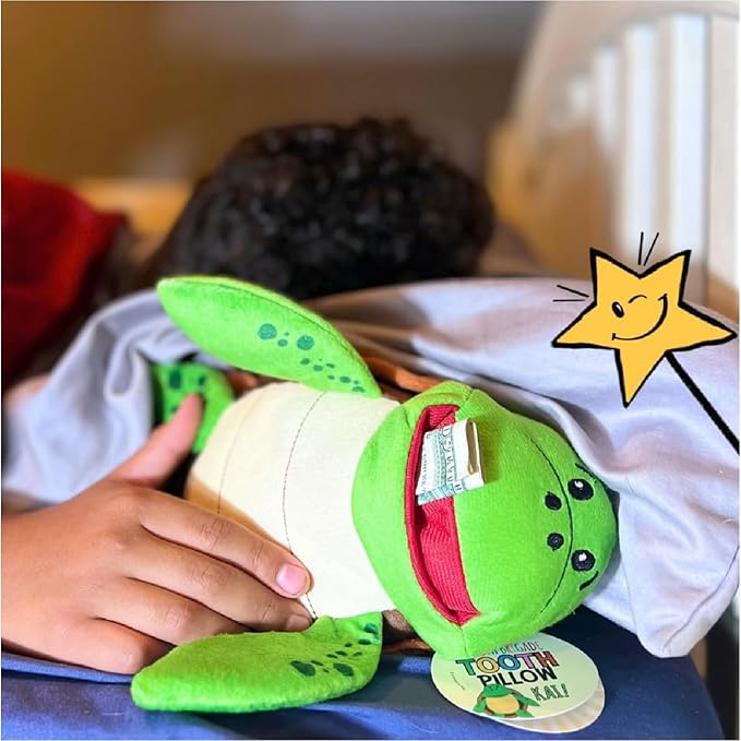 The Tooth Brigade Tooth Fairy Pillow | Stuffed Plush with Large Pocket Mouth for Lost Teeth, Treasures, Prizes - Fun and Interactive Plush, Perfect Kids, Boys, & Girls Gift (Kai Sea Turtle)