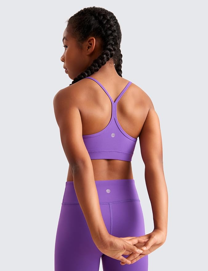 CRZ YOGA Girls Butterluxe Y Back Sports Bra - Yoga Athletic Casual Tops Scoop Neck Spaghetti Strap Padded Crop Kids Teen