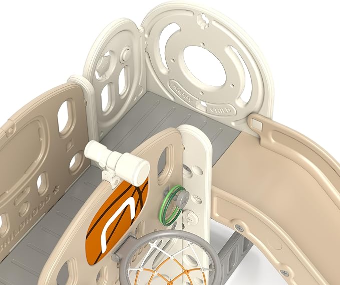Qaba 7-in-1 Toddler Slide Playset, Kids Slide for Ages 1-6 Years with Ring Toss, Basketball Hoop, Telescope, Indoor Playground with Climber, Storage Space, Crawl Tunnel, Cream White