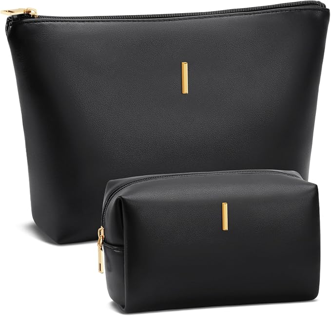 Women Gifts | Initial Makeup Bag for Girl Personalized Gifts for Bridesmaid Friend PU Leather Cosmetic Travel Toiletry Bag(Black,I)