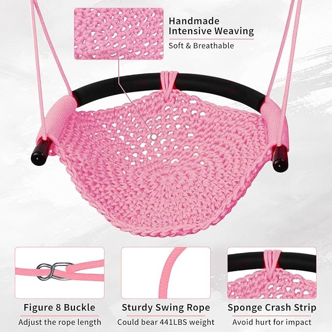 Hi-Na Tree Swing for Kids, Adjustable Toddler Rope Swing Seat with Snap Hooks and Straps, 440 lbs Capacity, Swingset Accessories for Indoor Porch Doorway Outdoor Playground Backyard (Pink)