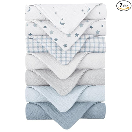 Konssy Baby Muslin Washcloths 7-Pack, 100% Cotton Baby Bath Washcloths, Soft & Absorbent Wash Cloths and Burp Cloths for Newborn Kids Girls & Boys, 11x11 inches