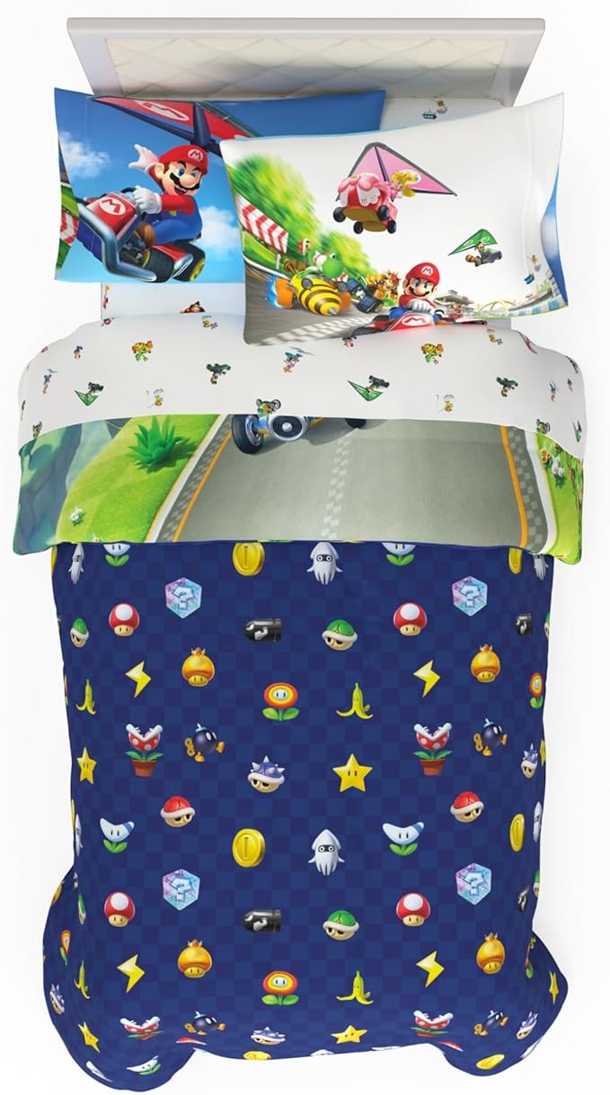 Super Mario Kart Game Kids Bedding Set, Twin Size, 4-Piece Super Soft Cozy Reversible Comforter & Sheet Set (Officially Licensed Product) by Franco | Durable, Reversible, Officially Licensed
