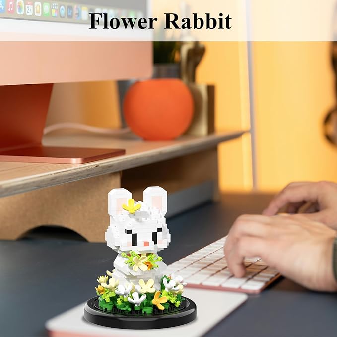 Artificial Flower Animal Building Set for Adults,Mini Rabbit Plant Bonsai Tree,Botanical Collection Gift for Kids,Office Home Decor Building Block,Birthday Gift for Girls Women(Osmanthus)