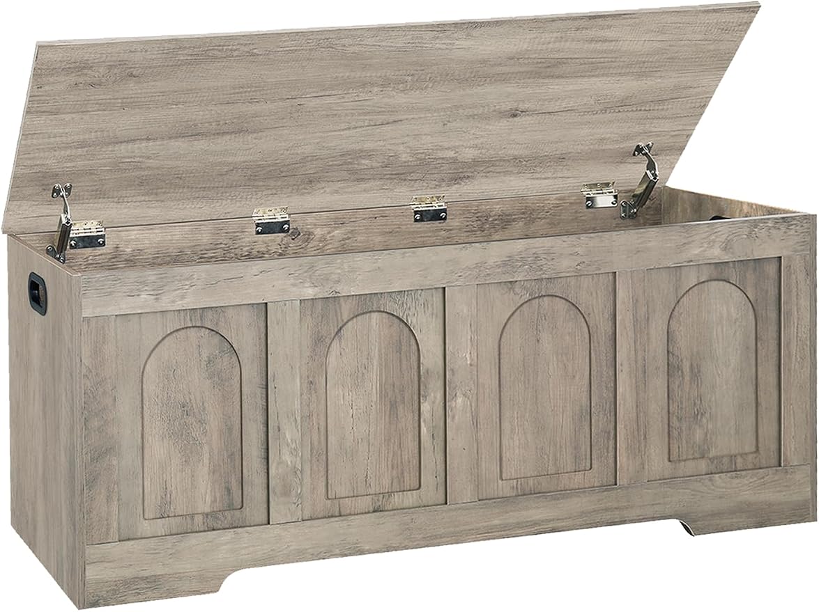 Storage Chest, Wooden Toy Box, Gray Wash 47.2" L | Entryway Shoe Bench, 2 Soft-close Hinges, Finger-safe Flip-Top Lid, Easy Assembly, Farmhouse Large Trunk, Living Room/Bedroom