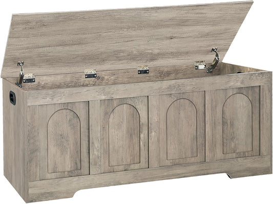 Storage Chest, Wooden Toy Box, Gray Wash 47.2" L | Entryway Shoe Bench, 2 Soft-close Hinges, Finger-safe Flip-Top Lid, Easy Assembly, Farmhouse Large Trunk, Living Room/Bedroom