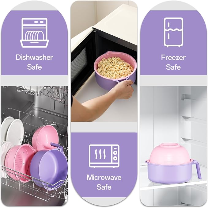 MEACOLIA Jumbo 50 oz Microwave Ramen Cooker Bowl | with Lid & Drain Strainer, Spill-Free, Rapid Noodle Pasta Cooker, College Dorm Essentials for Girls Guys, Apartment Friendly