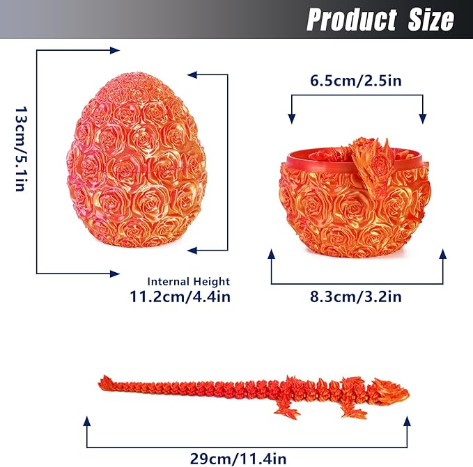 Pigmiss 3D Printed Dragon,3D Dragon Eggs with Dragon Inside,Dragon Fidget Toy for Adult,Full Articulated Dragon Crystal Dragon Easter Eggs Decoration for Gift (Rose-Red Orange)