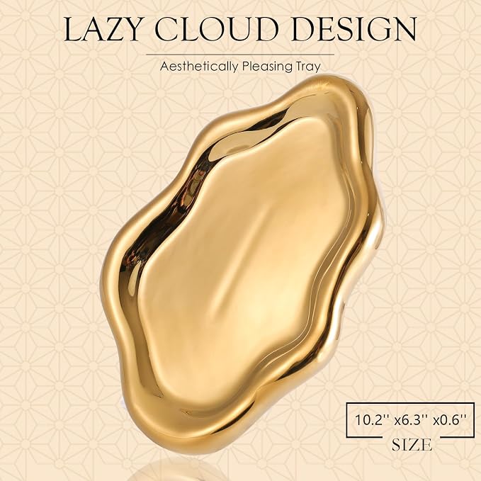 CCINPPY Ceramic Cloud Jewelry Tray Trinket Dish Key Bowl Nightstand Decor | Decorative Small Desk Tray Jewelry Plate Key Holder Bowl Cute Bedroom Room Decor Aesthetic, Gift for Women, Gold Large