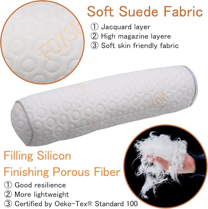 Cylindrical Pillow、 Fillable Porous Fiber Contour Neck Pillow、 (Pack of 2, White Jacquard) 18 x 4 inches、Bolster Pillow for Bed、Legs, Back and Yoga (18x4)