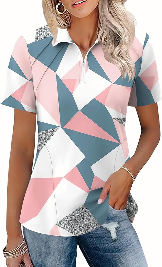 LOMON Womens Golf Polo Shirt Summer Short Sleeve Quarter Zip Outfit | Side-Pockets,Princess Seams,Cotton,Wrinkle Free,Moisture Wicking,Quick-Dry,Lightweight,Collared,for Tennis Workout