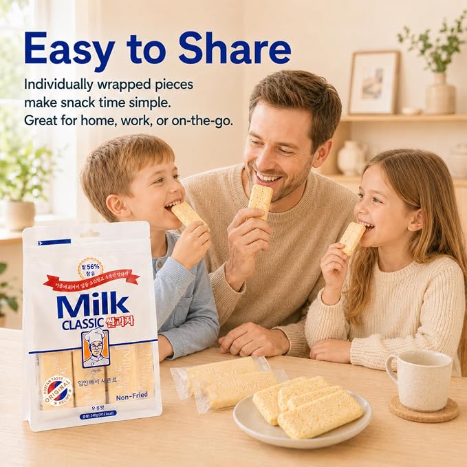 56% Milk Classic Korean Milk Rice Cracker Snacks, 8.46 oz, 1 Pack | asian snack, oven baked, non fried, wrapped sticks, light crispy texture, tea coffee pairing, lunchbox pantry