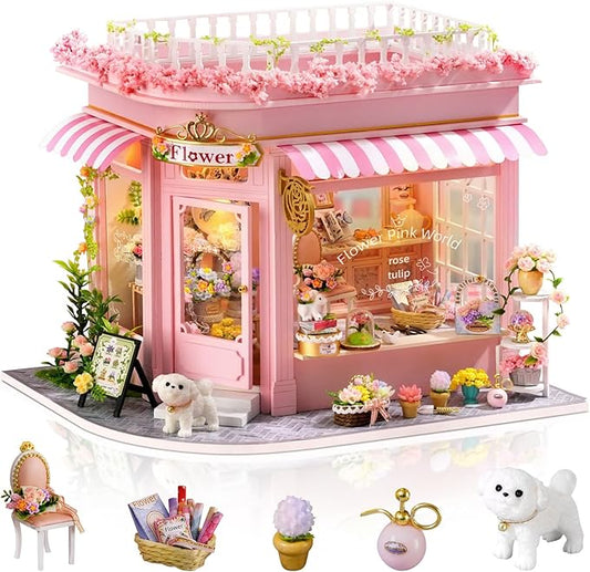 Foyucool DIY Miniature House Kit, Dollhouse Kit with LED Light, Mini House Building Kits for for Adult to Building, Christmas Home Decorations Gifts for Family and Friends, Pink World