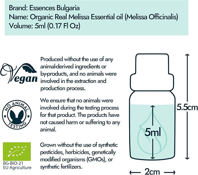 Essences Bulgaria Organic Real Melissa Essential Oil 1/6 Fl Oz | 5ml | Melissa Officinalis | 100% Pure and Natural | Undiluted | Therapeutic Grade | Family Owned Farm | Steam-Distilled | Non-GMO