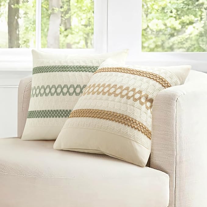 MIULEE Set of 2 Sage Green Boho Decorative Lumbar Pillow Covers 12x20 Inch | Farmhouse Couch Throw Pillows, Modern Cotton Cushion Covers, Macrame Woven Spring Home Decor for Bed Sofa Chair