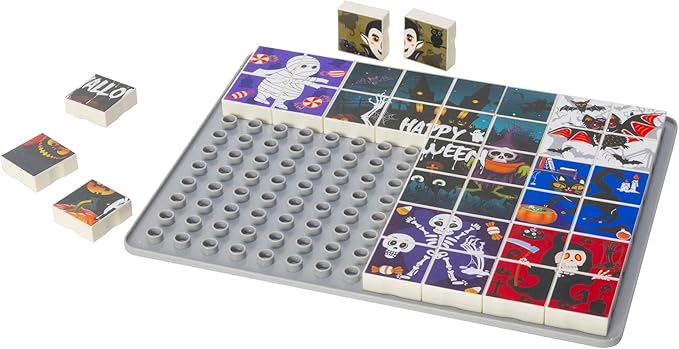 Anzikfoy 48 Piece Toy Building Jigsaw Puzzle Sets, 2 in 1 Halloween Theme Boys Girls Puzzles Building Block with Reusable Drawing Board Set for Toddlers Ages 1-3 and Kids 3+ Year Old