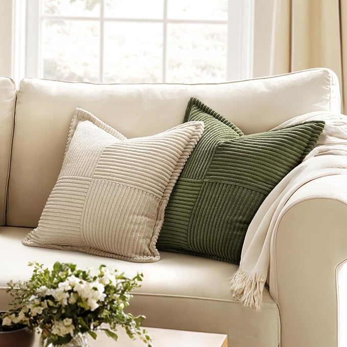 MIULEE Decorative Throw Pillow Covers for Couch 18x18 Inch Olive Green | 2 Pack, Boho Broadside Striped Patchwork Pillow Covers, Soft Corduroy Cushion Cases, For Sofa Bed Livingroom Home Decor