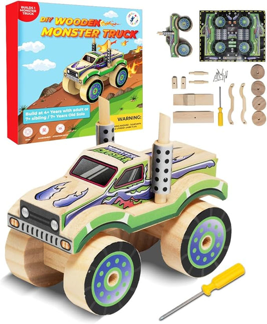 Little Jupiter DIY Wooden Kits w/Stickers - Kids Building Kit - Stem Toys for Ages 4-7 - Wood Crafts for Kids - Woodworking Kits (Monster Truck 2)