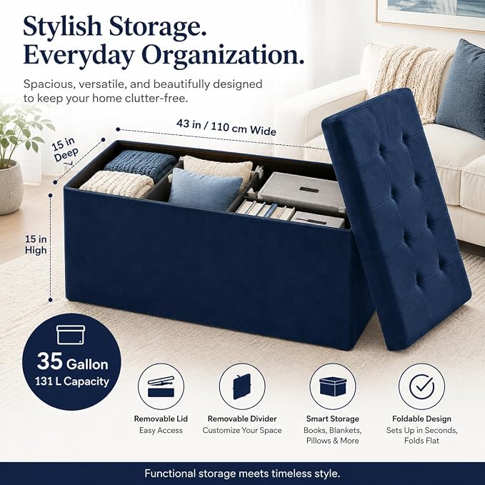 ALASDO 43 Inch Folding Storage Ottoman Bench with Hidden Storage, Velvet Storage Ottoman Foot Rest Stool, End of Bed Bench for Bedroom, Living Room, Entryway and Closet, Navy Blue