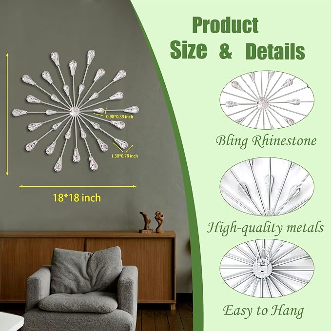 ZEXUIRU 3 Set Silver Starburst Wall Art for Home Decor Metal Bling Crystal Rhinestones Sunburst Wall Decor Sparkling Rhinestone Art Accent Silver - 18in