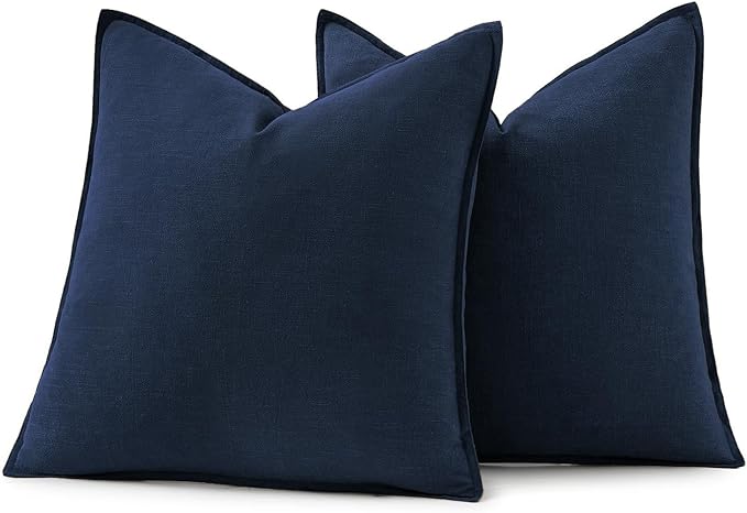 MIULEE Decorative Linen Pillow Covers 18x18 Inch Navy Blue | Boho Farmhouse Neutral Couch Throw Pillows for Bed, Pack of 2 Accent Coastal Modern Pillowcases, Sofa Livingroom Home Decor