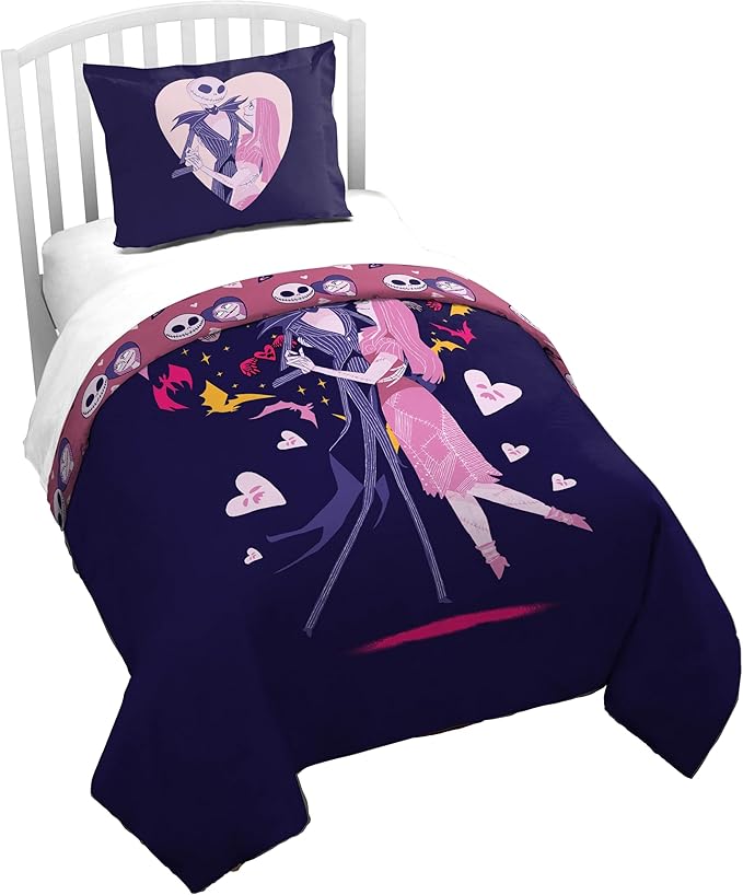 Jay Franco Duvet Cover Set – 2 Piece Comforter Cover and Sham Set, Super Soft Cozy Kids Bedding (Insert Not Included) Purple - Nightmare Before Christmas, Twin
