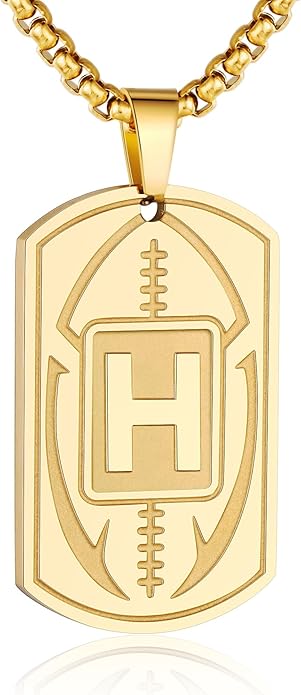 Initial A-Z Dog Tag Necklace for Men - Football Charm Pendant, Stainless Steel Chain 22+2 Inches, Personalized Sports Athletes Jewelry Gift