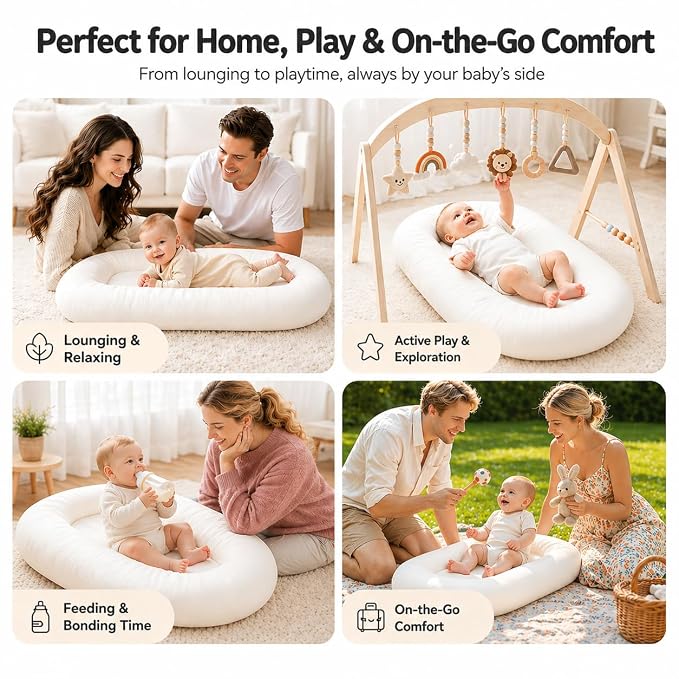 Baby Lounger for Newborns 0-24 Months, Soft Breathable Cotton Infant Support Cushion for Tummy Time & Play, Portable Infant Lounger, Baby Essentials for Newborn- Cloud White (Cover Included)