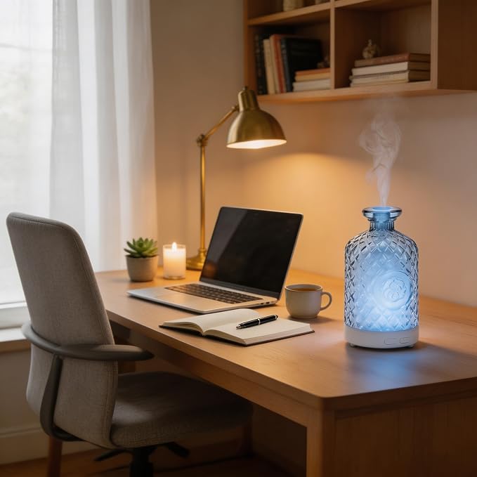 Glass Essential Oil Diffuser,100ml Aromatherapy Diffuser(Blue) | Ultrasonic Cool Mist Humidifier with 7-Color LED Lights, BPA Free, Auto Shut-Off, for Home Yoga Bedroom Office Spa