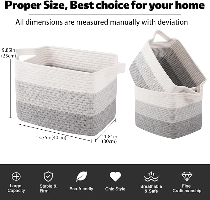 OIAHOMY Woven Storage Basket, Cotton Rope Baskets for Toys,Towel, Clothes, Used to Bathroom,Living Room,Nursery,Bedroom, 16"x12"x10"- Pack of 3, Gradient Gray