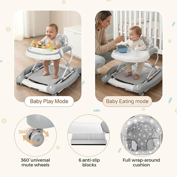 5 in 1 Baby Walker, Music and Lights Foldable Baby Walker with Wheels, 3 Adjustable Heights, with Bouncer Combo, Rocker, Activity Walker for Baby Boy and Girl 6-18 Months (Gray)