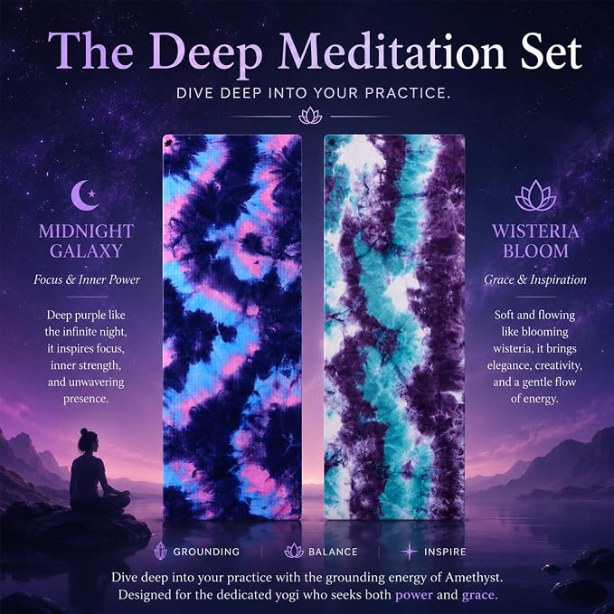Eunzel 2 Pack Yoga Towel,Hot Yoga Mat Towel with Grip Dots Sweat Absorbent Non-Slip for Hot Yoga, Pilates and Workout 24" x72，The Deep Meditation