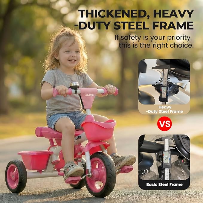 JMMD 7 in 1 Tricycle Stroller with Push Handle, Baby Trike with 360° Swivel Seat, Reclining Backrest, All-Terrain Wheels, Dual Brakes, Canopy & Storage, Gift for Kids 18 Months to 5 Years, Pink