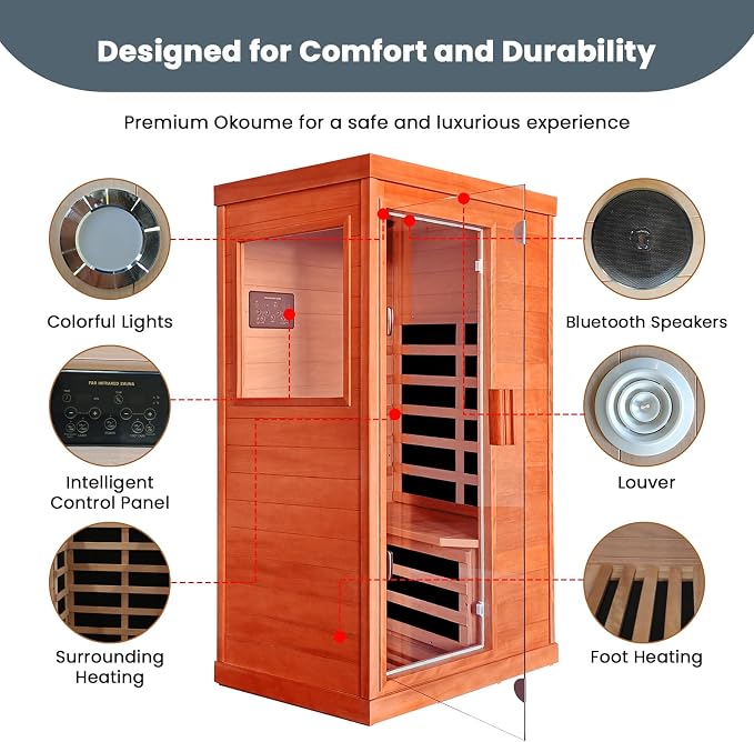 Sauna 1 Person Far Infrared Saunas for Home Low Emf Indoor Sauna | Wood Dry Sauna Room with Tempered Glass Door Speakers 7 Color Lighting Fast Heating Easy Assembly 35.2 * 27.6 * 61.6"