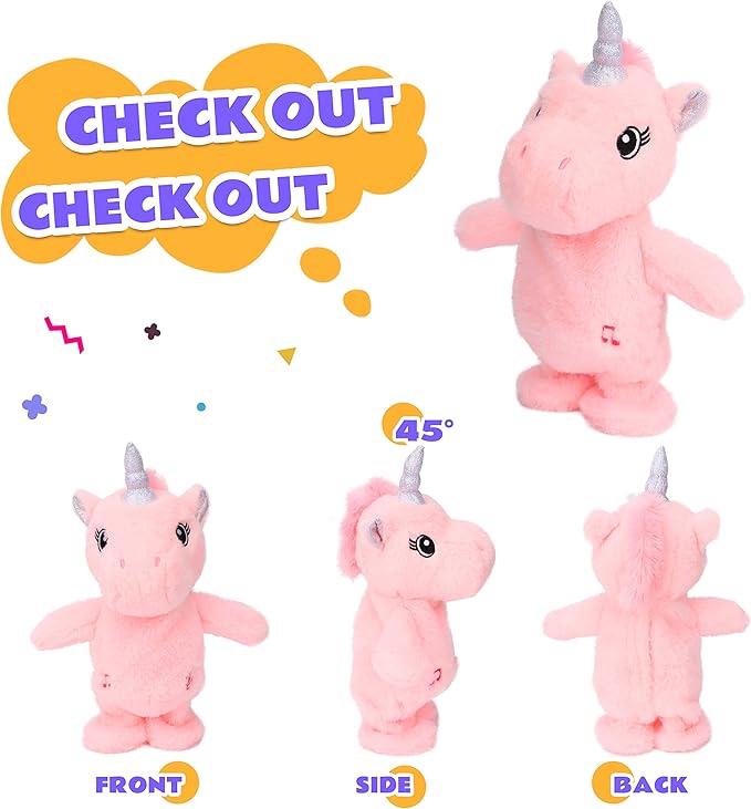 Easfan Talking Unicorn Repeats What You Say Walking Singing Stuffed Animal Electric Interactive Plush Toy Funny Animated Toy Mimicking Speaking Birthday for Kids Toddlers Pink,10''
