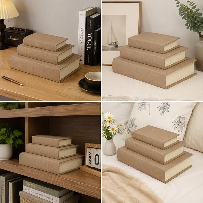 Decorative Faux Linen Book Box Set Neutral Home Decor Display Books, 13" | Living Room Decor, Bedroom Decor, Office Decor, Bookshelf Display, Coffee Table, Farmhouse, Rustic, Vintage Style