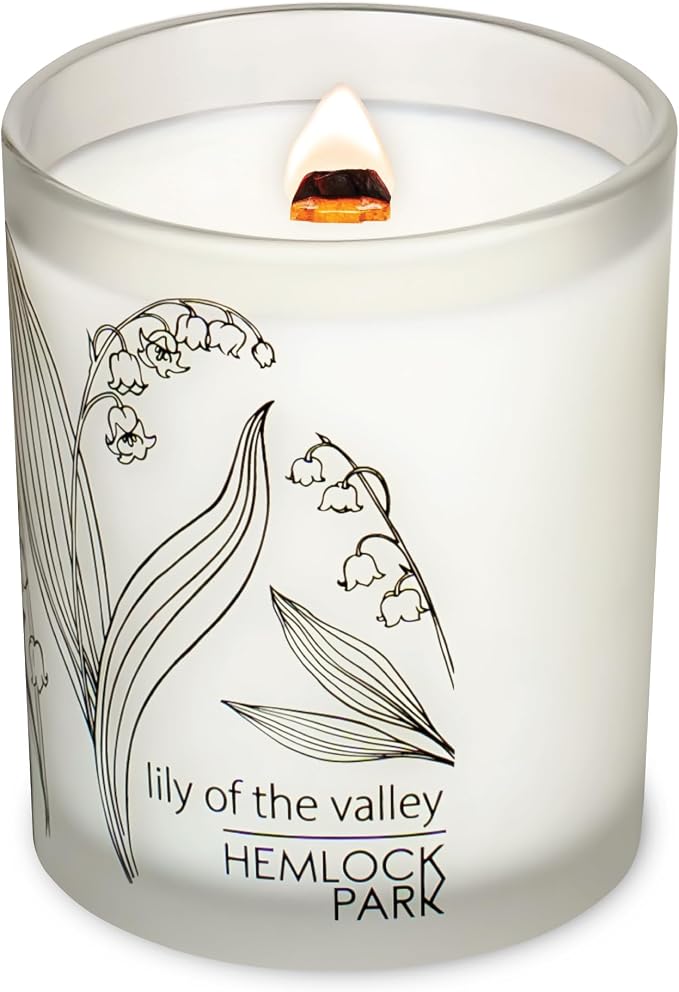 Hemlock Park Lily of the Valley Frosted Scented Candle | Crackling Wood Wick, Botanical Fragrance & Coconut Apricot Wax | Up to 50 Hour Burn Time | 7.2 oz | Made in USA