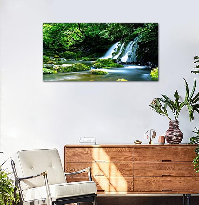 arteWOODS Waterfall Canvas Wall Art Living Room Decoration Large Nature Picture Artwork Modern Landscape Painting Green Forest Prints for Kitchen Office Wall Decor Home Decorations 29" x 58"