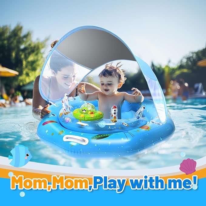 Baby Pool Float with Canopy, Inflatable Baby Swim Float with UPF50+ Sun Protection, Infant Pool Float with Toy Play Console,Safety Handles & Leashes,Adjustable Safety Seat For Toddler Aged 6-36 Months