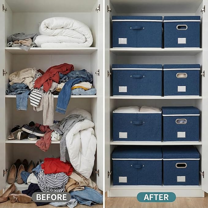 Storage Bins with Lids [3-Pack] Linen Fabric Foldable Storage Boxes Organizer Containers Baskets Cube with Cover for Bedroom Closet Office Royal Blue(23.4X15.9X11.4)