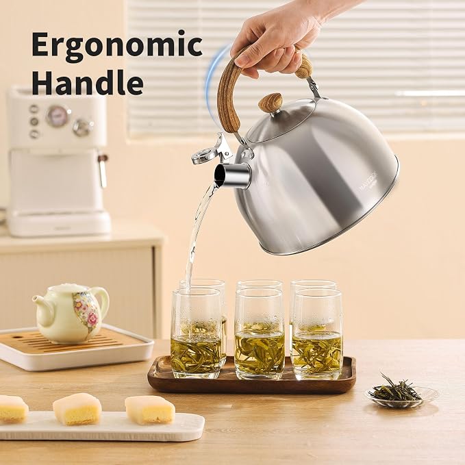 18/8 Stainless Steel Tea Kettle for Stovetop (4L / 4.23 Quart Whistling Tea Pot, Wood Handle)-Silver