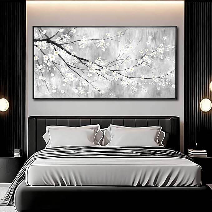 Large Black Framed Minimalist Plum Blossom Wall Art Living Room 29x58 Inch