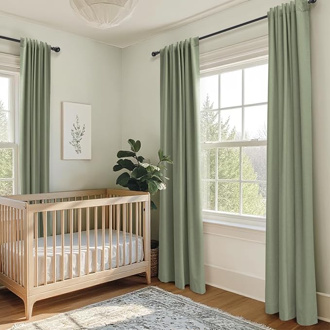 100% Blackout Shield Linen Blackout Curtains for Bedroom 96 Inches Long, Back Tab/Rod Pocket Living Room Drapes, Thermal Insulated Blackout Curtains 2 Panels Set, 50" W x 96" L, Sage