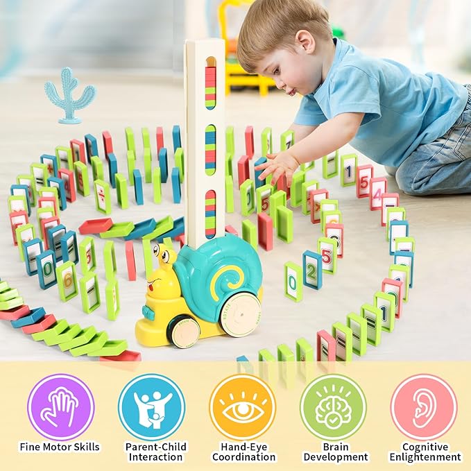 180pcs Montessori Learning Automatic Dominos Train Set Toys for Kids,Snail Domino Games Birthday Gift
