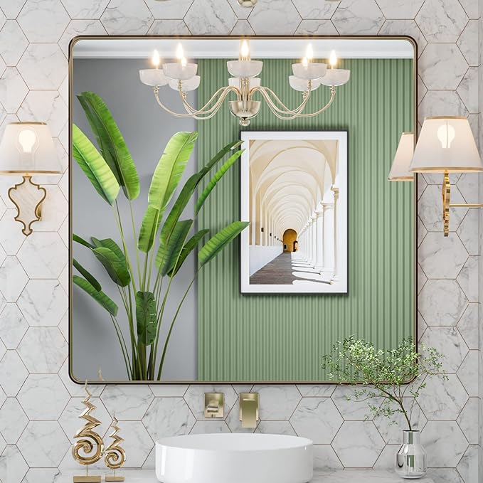 LOAAO 36"X36" Bronze Bathroom Mirror | Rounded Rectangle, Brushed Bronze Metal Frame, Anti-Rust, Tempered Glass, Hangs Horizontally or Vertically