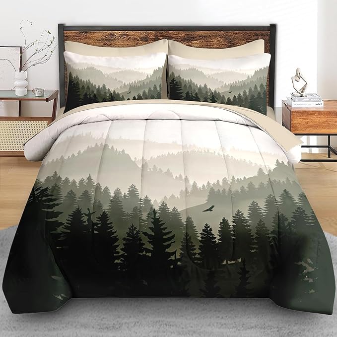 Pamnest Comforter Set Queen Size, Mountain Pine Tree 7 Pcs Bedding for Kids and Adults, Natural Forest Landscape Bed Sheet Sets with Fitted Sheet 2 Pillowcases & 2 Shams