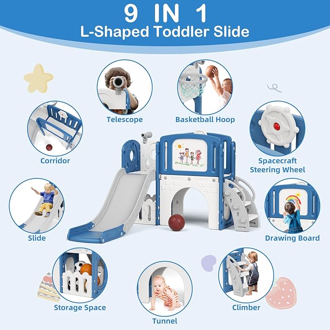 Glaf Toddler Slide 9 in 1 Outdoor Playset Indoor Playground Kids Baby Slides for Toddlers Age 1-3 Backyard with Climber Basketball Hoop Telescope Drawing Board and Storage Space (Blue)